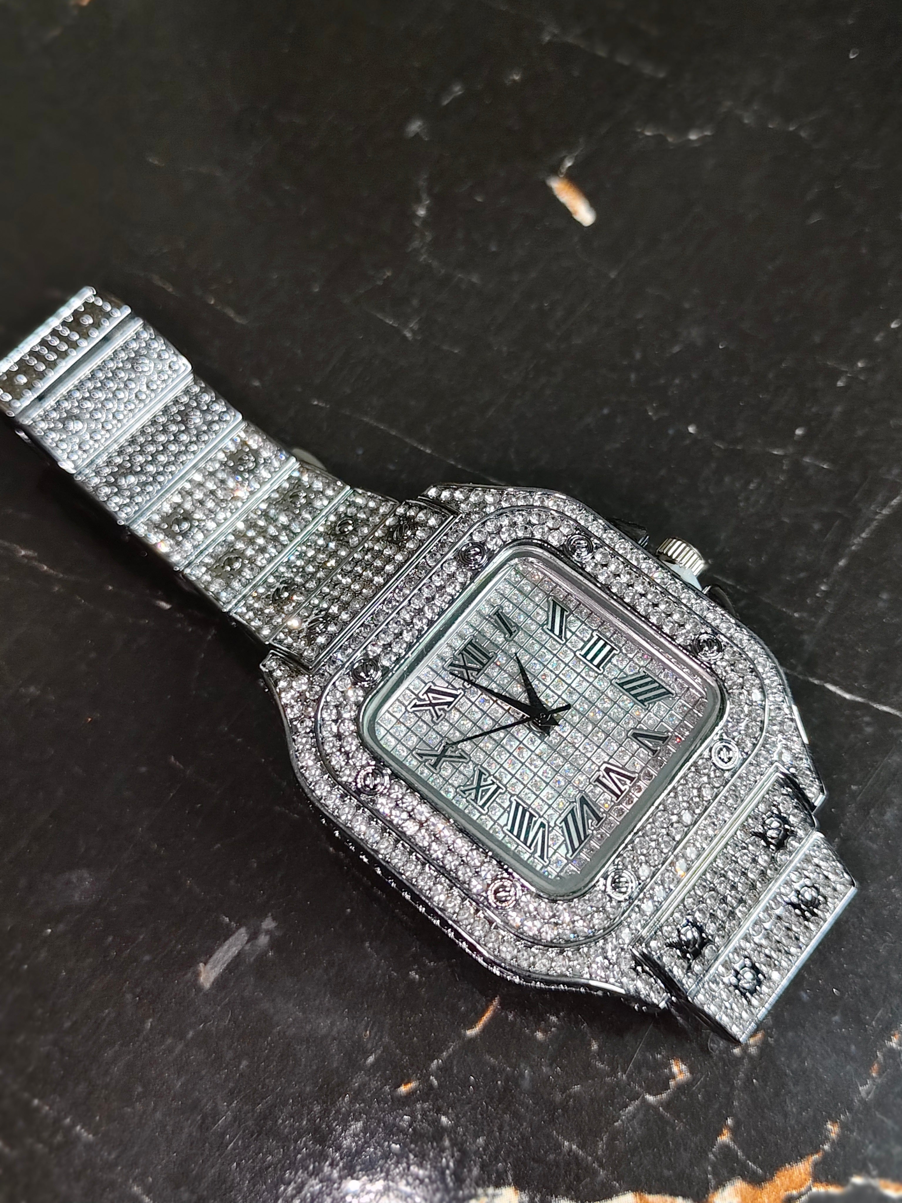 Iced Out Square Roman Dial Watch – Silver Tone Crystal Studded Luxury Timepiece