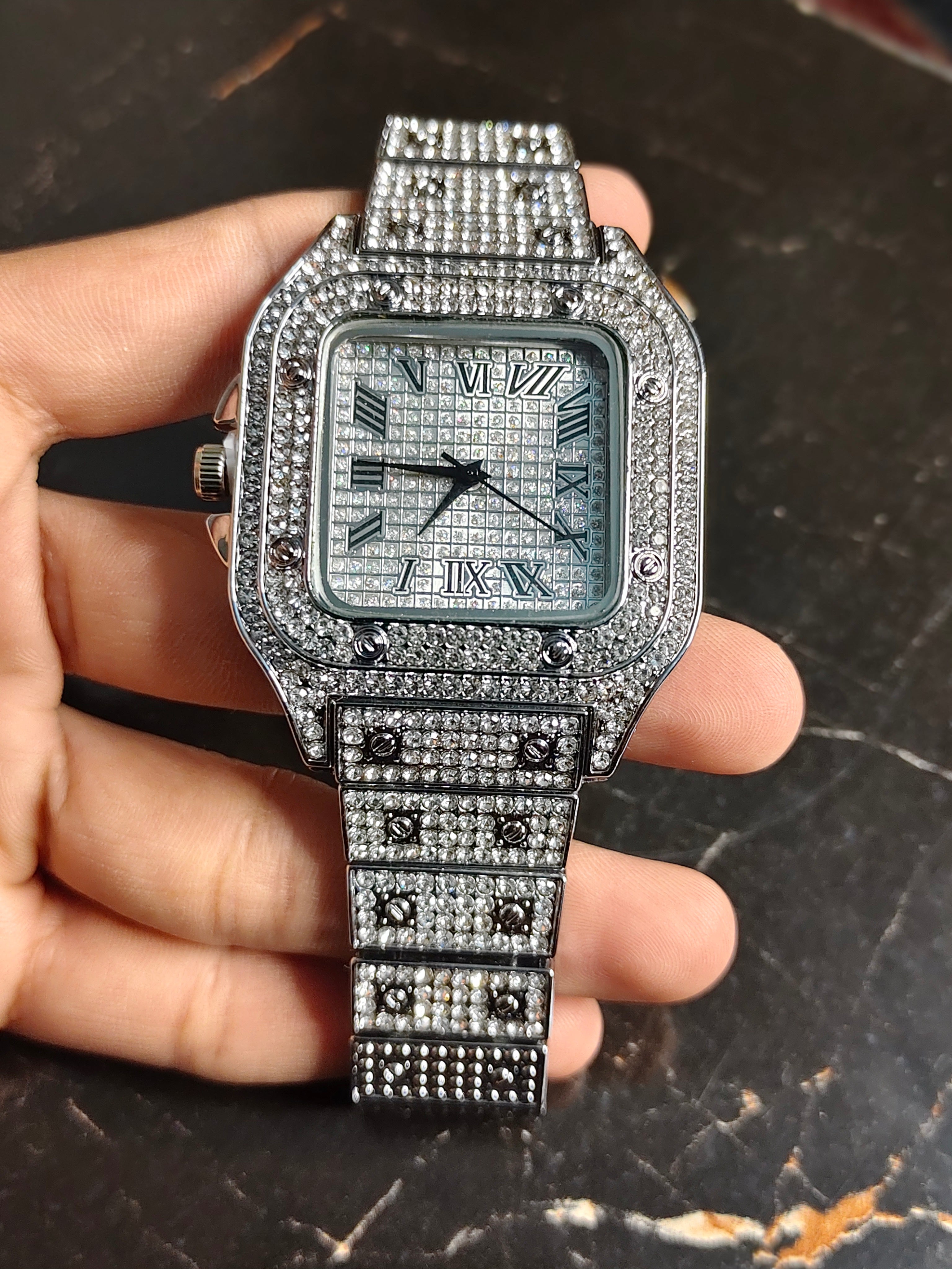 Iced Out Square Roman Dial Watch – Silver Tone Crystal Studded Luxury Timepiece