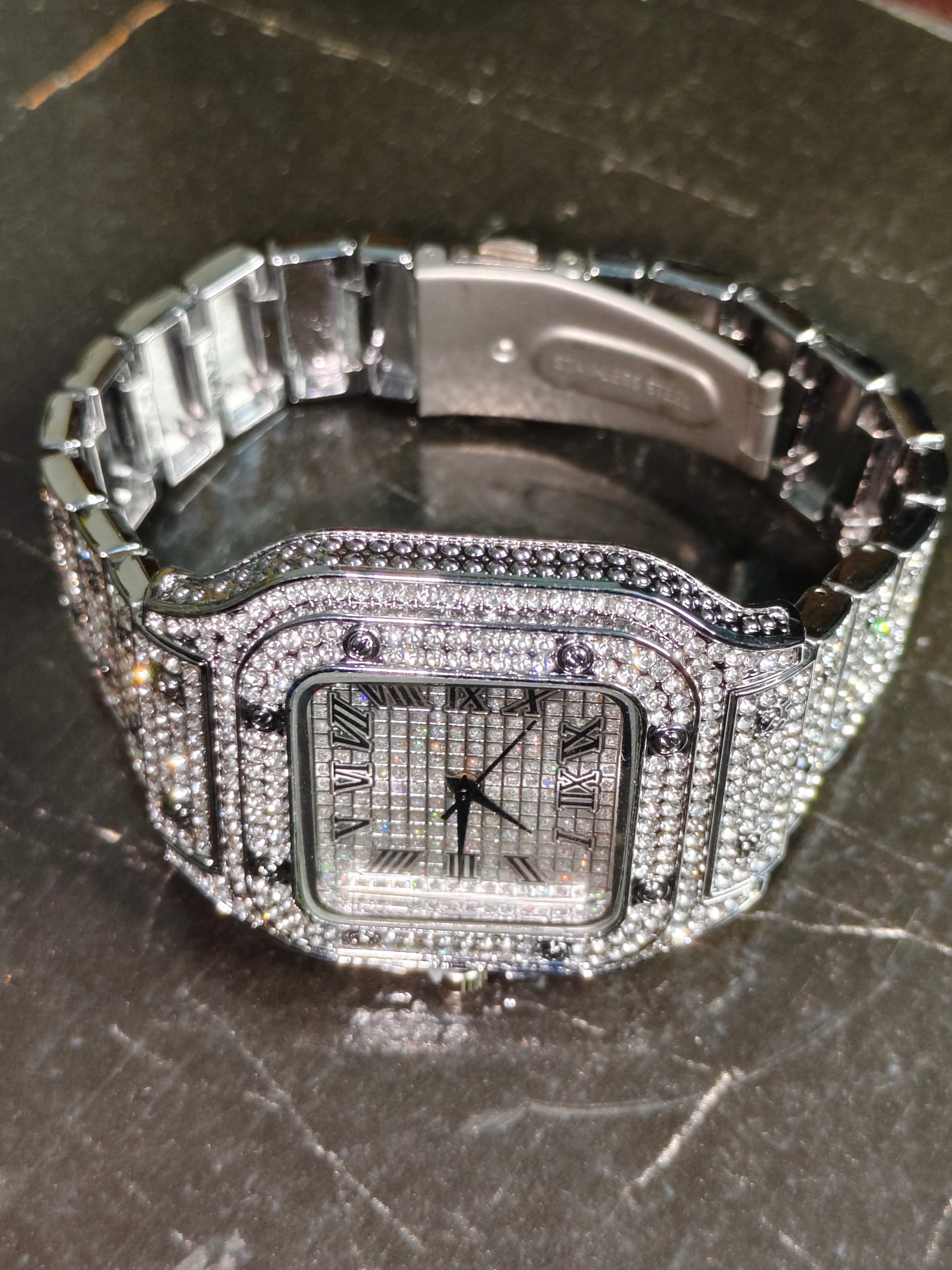 Iced Out Square Roman Dial Watch – Silver Tone Crystal Studded Luxury Timepiece