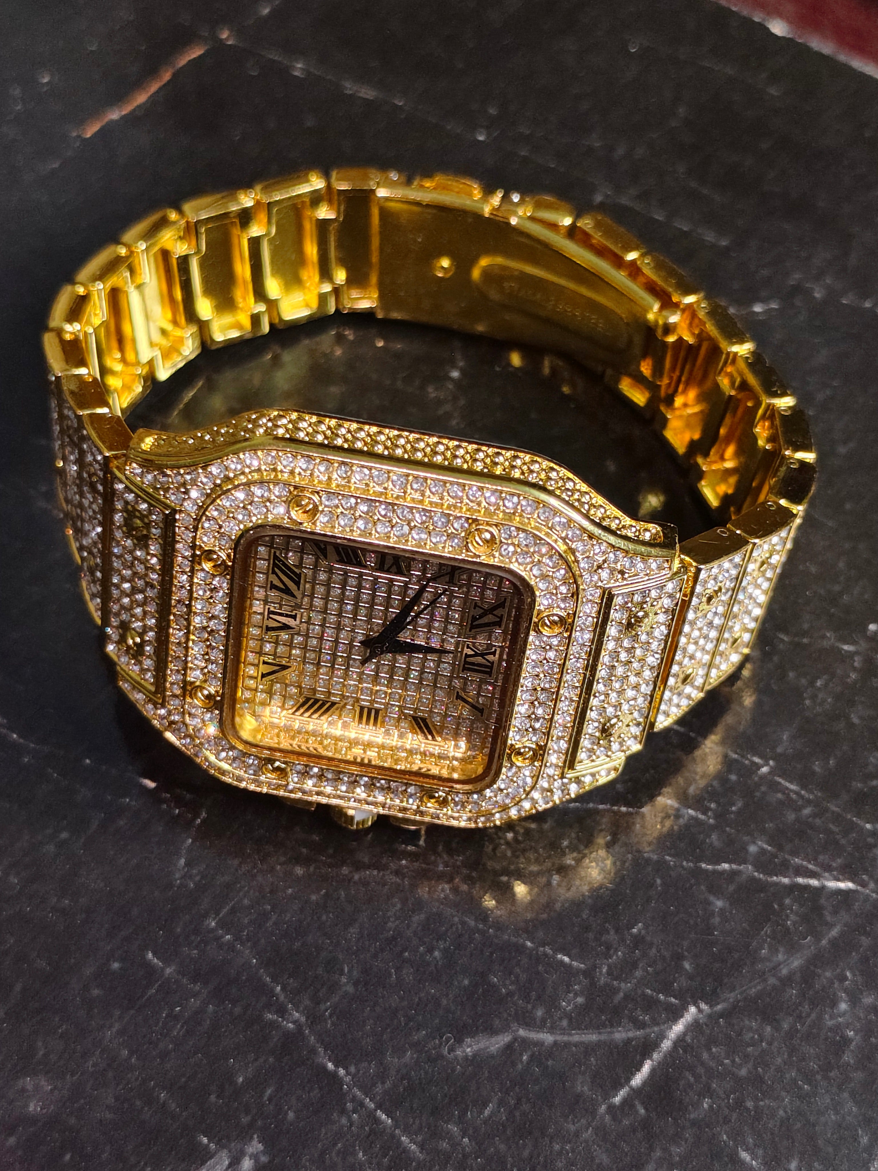 Iced Out Square Roman Dial Watch – Silver Tone Crystal Studded Luxury Timepiece