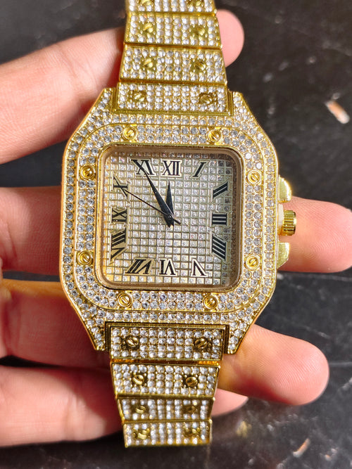 Iced Out Square Roman Dial Watch – Silver Tone Crystal Studded Luxury Timepiece