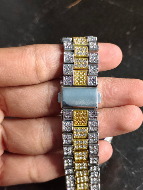 Fully Iced Out Two-Tone Watch – Pavé Crystal Dial Presidential Style Timepiece