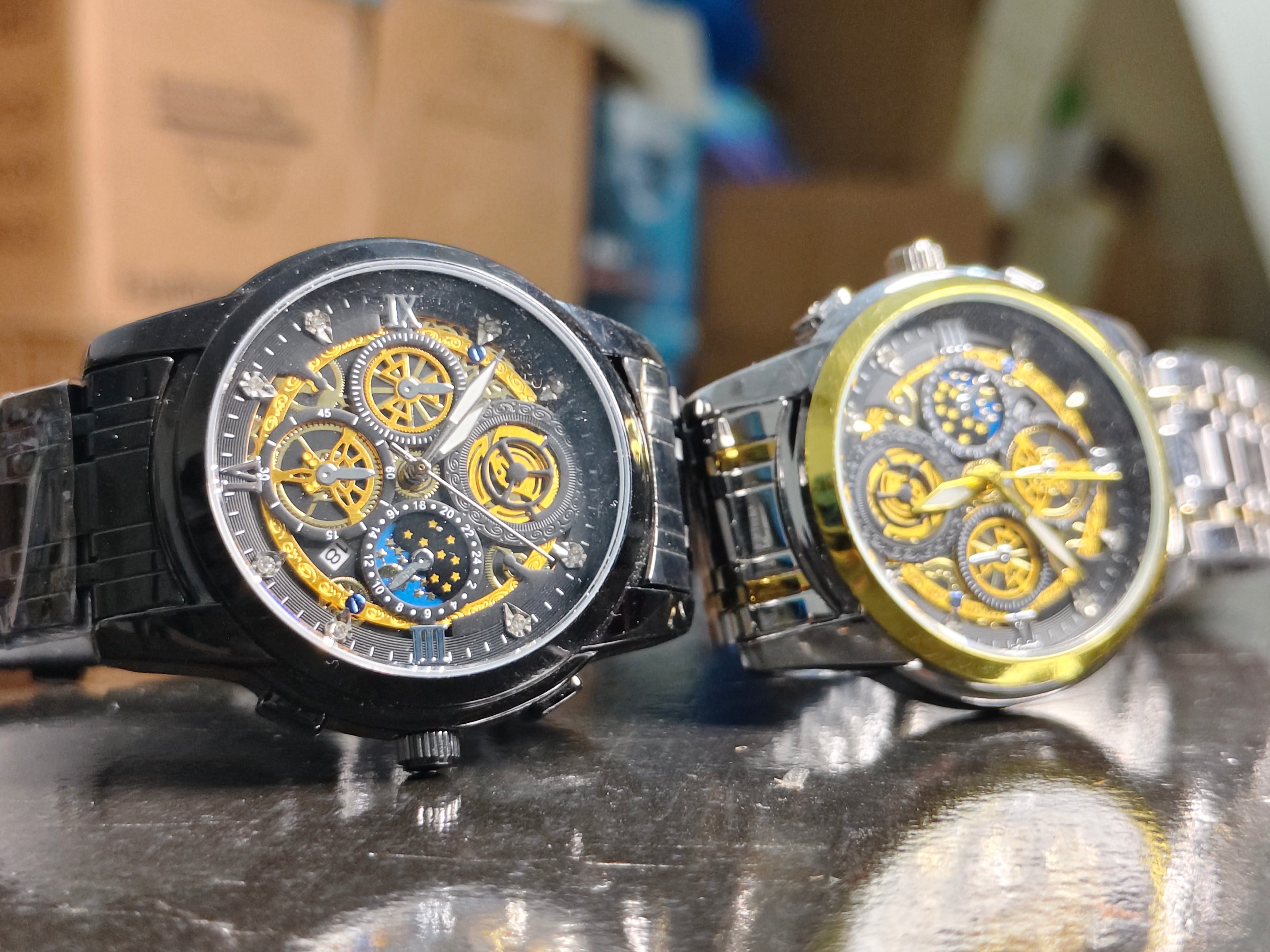 Binbond Skeleton Moon Phase Watch – Iced Out Gear Dial Mens Timepiece