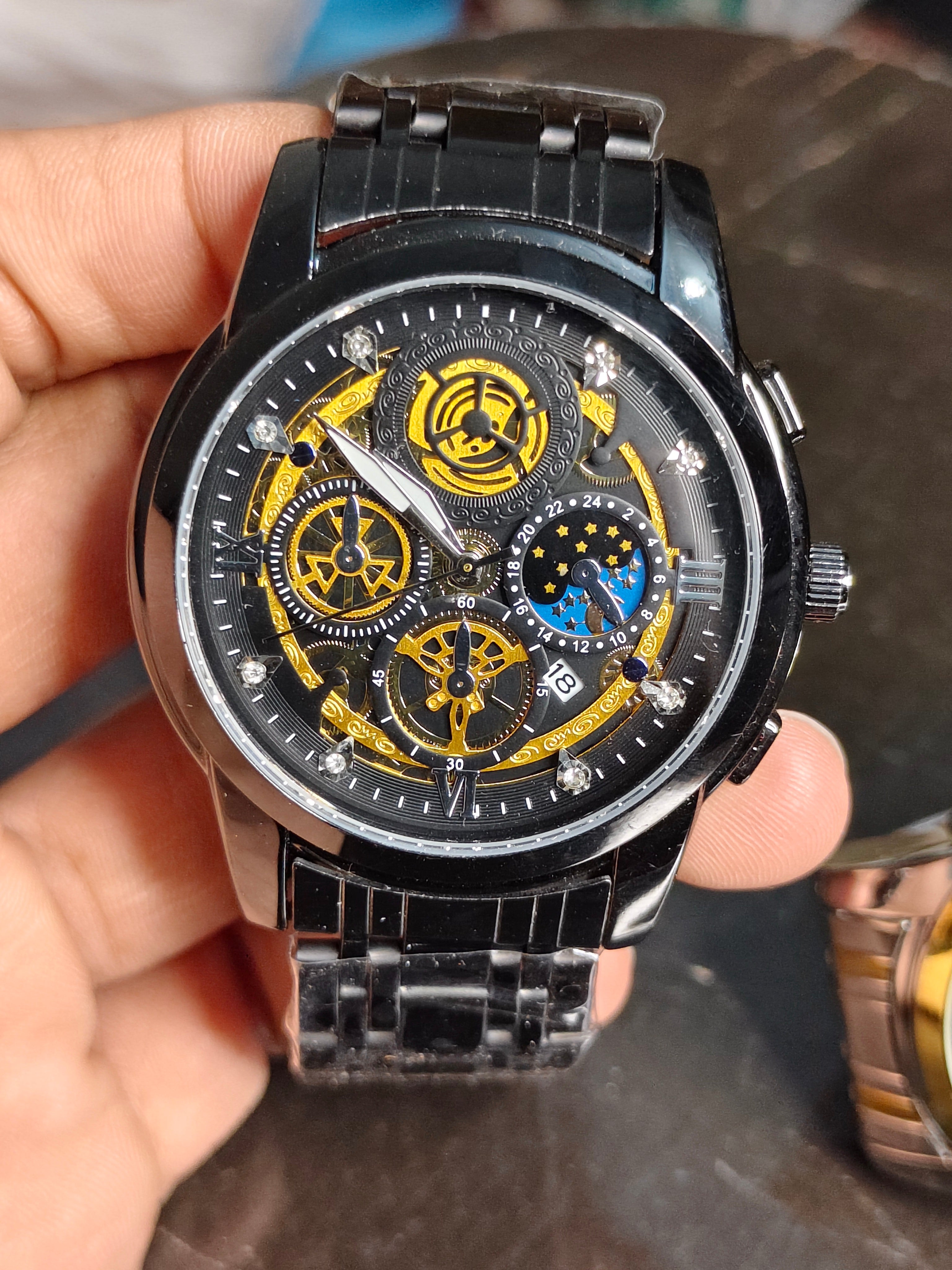 Binbond Skeleton Moon Phase Watch – Iced Out Gear Dial Mens Timepiece