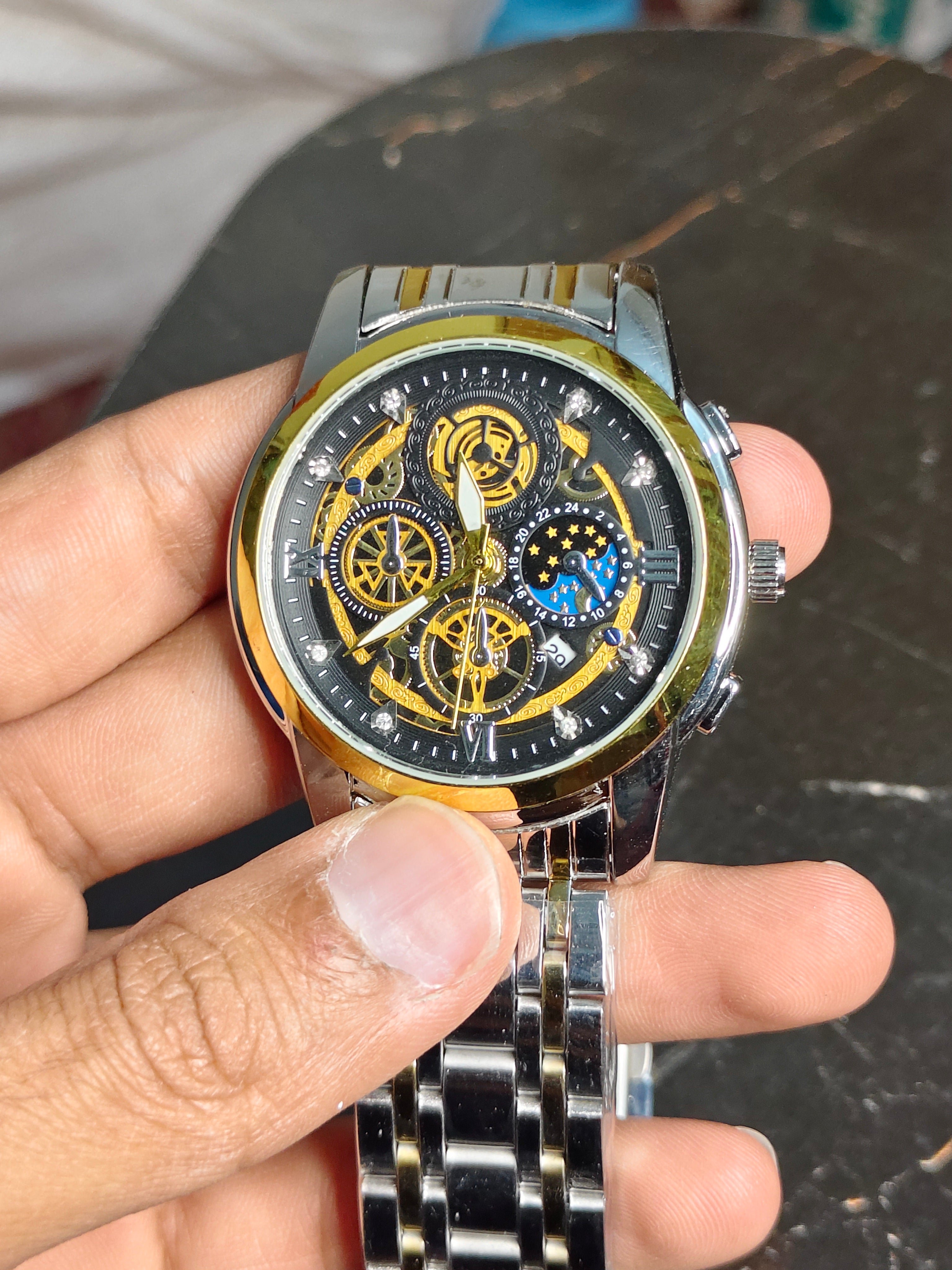 Binbond Skeleton Moon Phase Watch – Iced Out Gear Dial Mens Timepiece