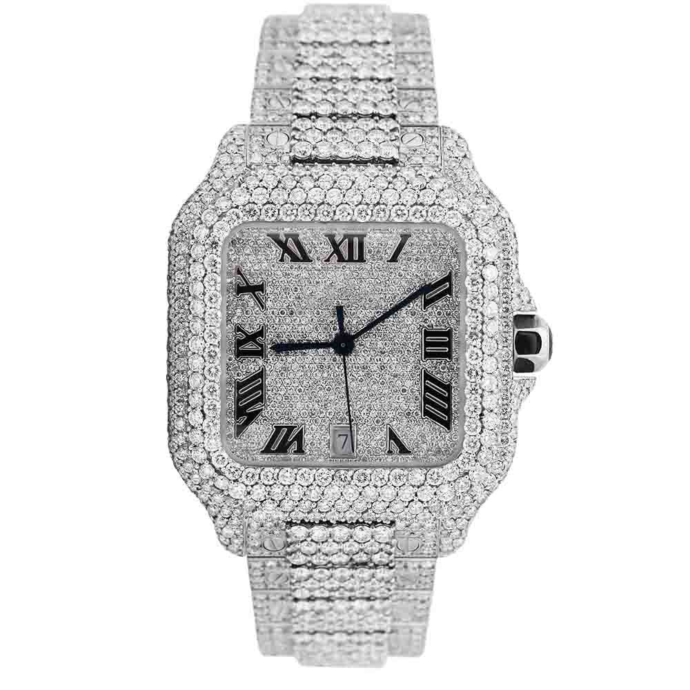 Iced Out Square Roman Dial Watch – Silver Tone Crystal Studded Luxury Timepiece